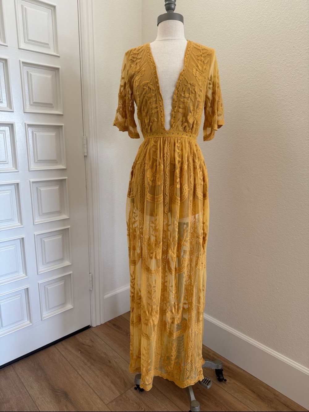Honey Punch Embroidered Mustard Yellow Maxi Dress